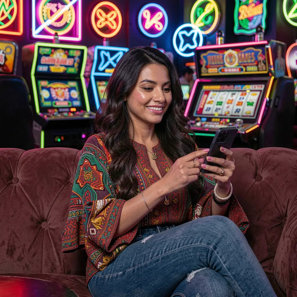 CASINO7 App – Enjoy immersive mobile casino entertainment anywhere in Mexico Stylish Mexican woman relaxing on a sofa while using the CASINO7 app with bright neon casino symbols glowing behind her